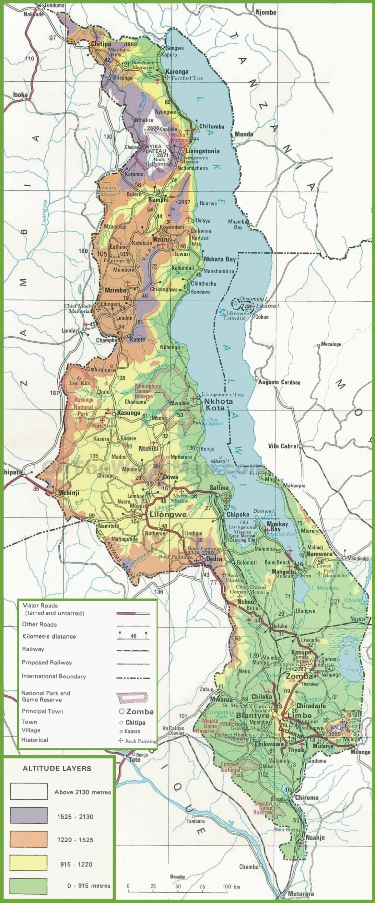 地図の物理地図のマラウィ